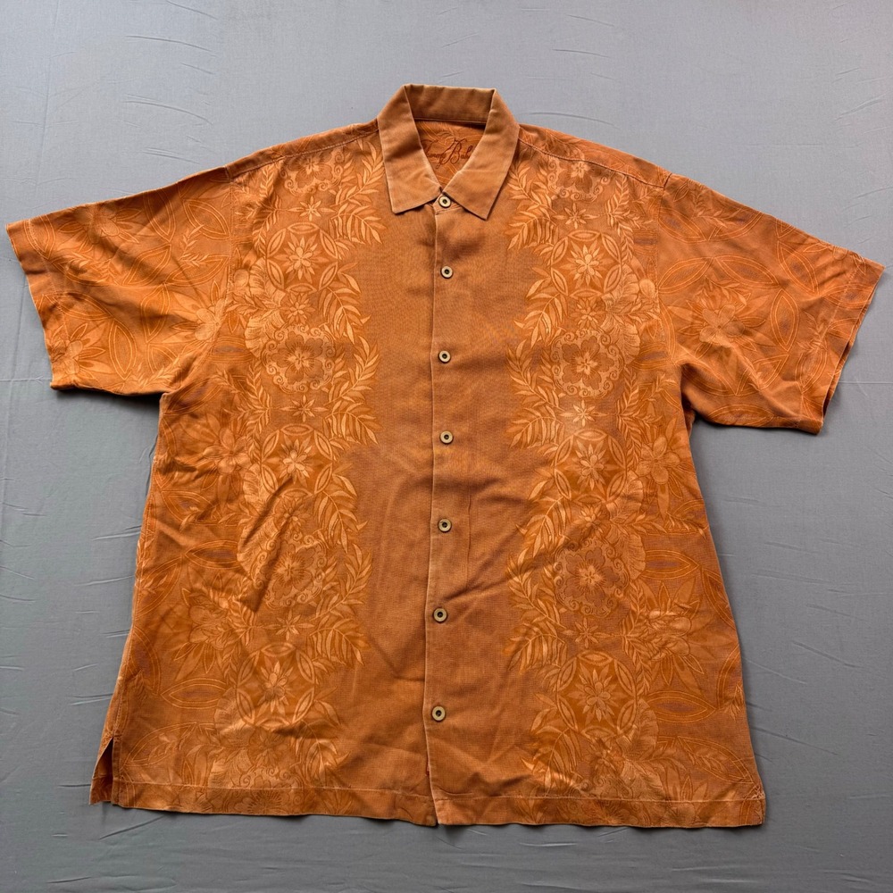 Tommy Bahama Mens XL Silk Camp Shirt Burnt Orange Floral Jacquard Button Down